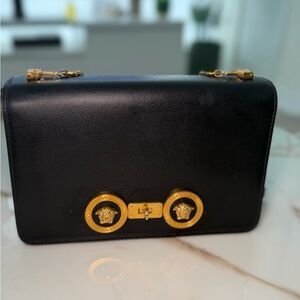 Versace Black Clutch with Gold Medusa Accents